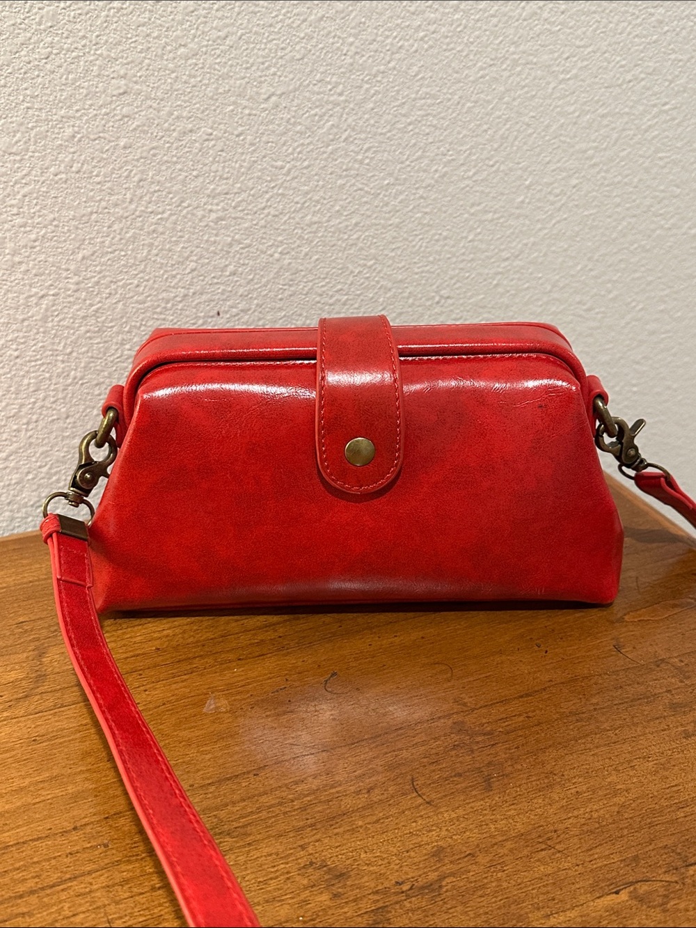 Red Faux Leather Structured Crossbody Bag